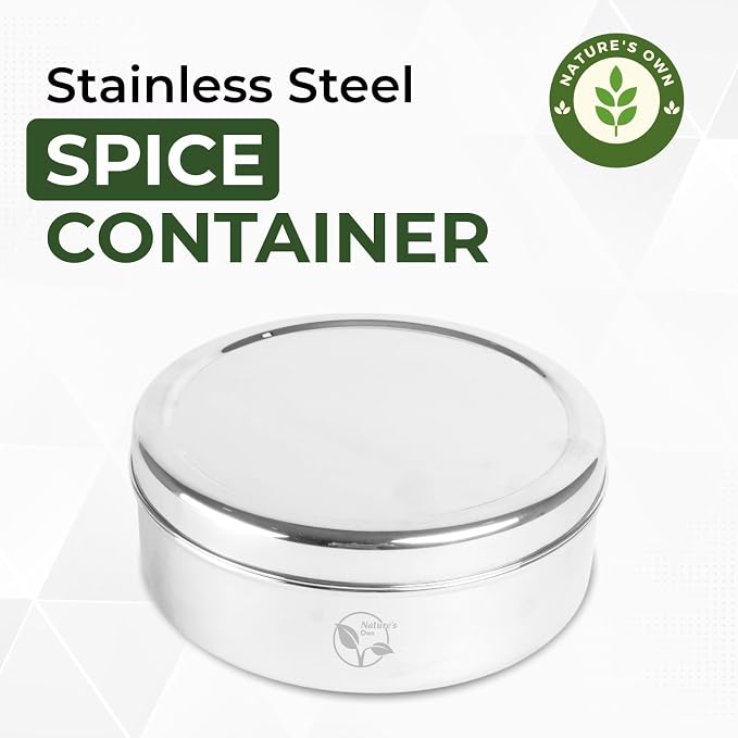 Nature's Own Stainless Steel Spice Box with 7 Compartments, 2 Lids, and Silver Mirror Polish | Masala Dabba with Individual Containers for Authentic Spices Durable and Stylish 16CM Masala Organizer