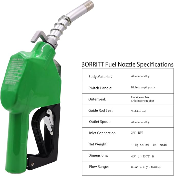 3/4" Inch NPT Green Fuel Nozzle,Automatic Shut Off Heavy Duty W/360° Hose Swivel Gas Fuel Transfer Pump Nozzle,304 13/16" Spout nozzle bushing,Copper Valve,Hook,16 gpm Flow Rate For Gas,Diesel
