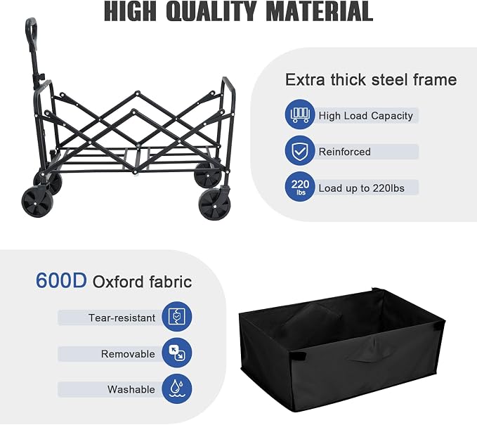 EVLIQUIL Collapsible Foldable Wagon,Wagons Carts Foldable with Wheels,Utility Grocery Folding Beach Wagon for Sand Garden Sports Shopping Outdoor.