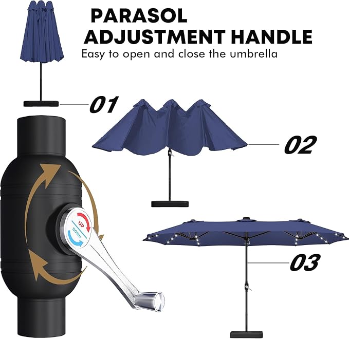 DomeShade 15 Ft Patio Umbrella with Solar Lights,Base Included,Sun Shades Outdoor Patio Parasol,Large Table Outdoor Umbrella,36 LED Lights,Awnings for Outside,Backyard Umbrella,Navy Blue