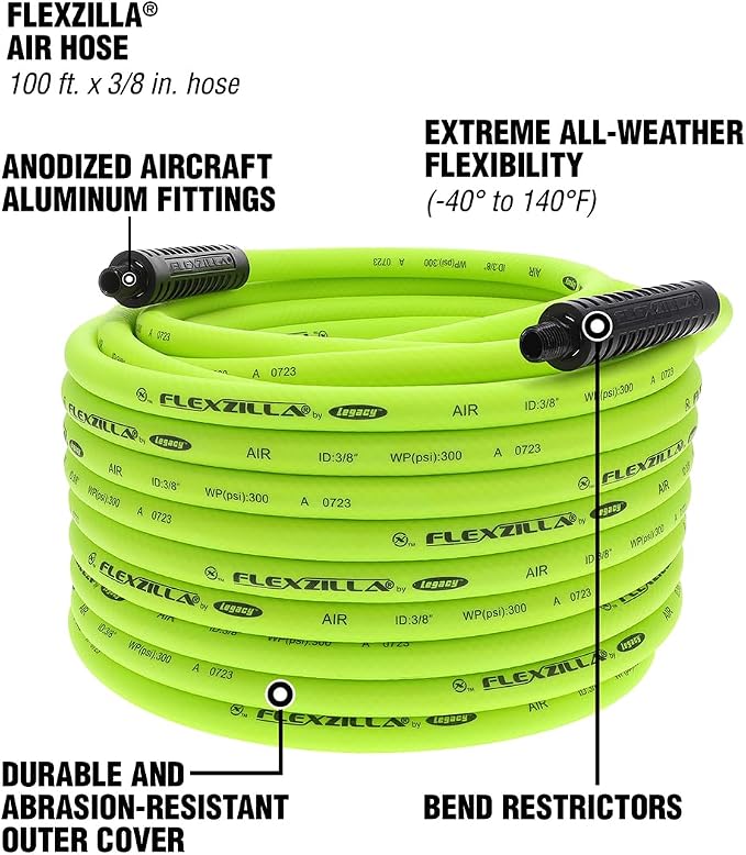 Flexzilla Air Compressor Hose, 3/8 in. x 100 ft., 1/4 in. MNPT Fittings, No-Kink, All Weather, Lightweight, Premium Hybrid Polymer, 300 PSI, ZillaGreen