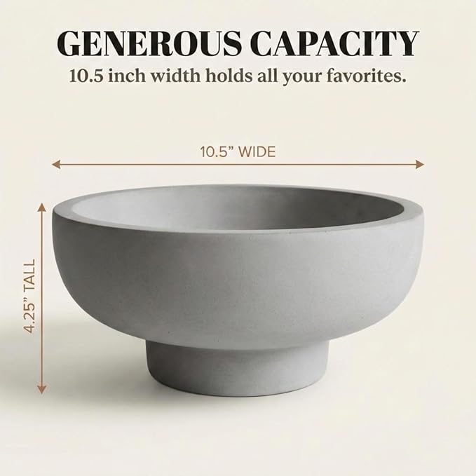 OAKOA Concrete Fruit Bowl for Kitchen Counter - Large Decorative Bowls for Home Decor - Modern Key Bowl for Entryway Table - Footed Pedestal Bowl for Keys
