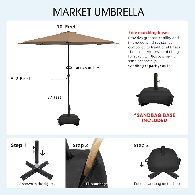 wikiwiki 10FT Patio Umbrella with Base, Outdoor Umbrellas with Base Included, 8 Sturdy Ribs, Waterproof Fade Resistant POLYESTER DTY Canopy for Deck, Lawn, Garden, Backyard & Pool, Tan