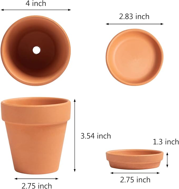 HERDUK Terracotta Starter Pots with Saucers – 4 Inch Clay Planting System for Healthy Roots, Reliable Drainage & Indoor Growing, Ideal for Succulents, Seedlings & Small Spaces