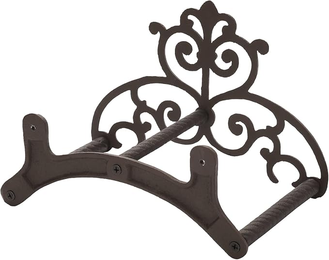 MyGift Brown Heavy Duty Cast Iron Outdoor Garden Hose Hanger Wall Mounted Water Hose Holder Reel with Vintage Scrollwork Design