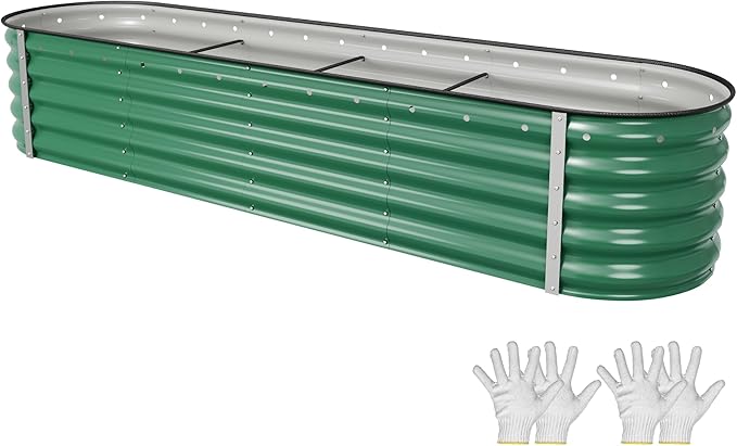 YITAHOME 8x2x1.5ft Galvanized Oval Raised Garden Bed, Metal Planter Box with Safety Rubber, Gloves, Outdoor Flower Bed for Planting Plants Vegetables, Green