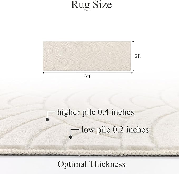SHACOS Soft Fluffy Arch Waves Runner Rug for Bedroom, 2'x6' Cream | High-Low Textured Non Slip Washable Minimalist Modern Graphic Rainbow Carpet for Hallyway