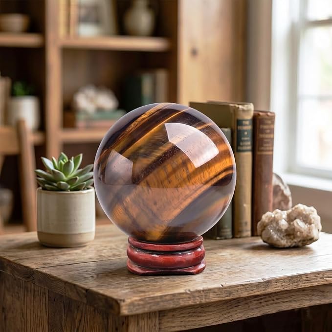 2-2.4 inch Natural Tiger's Eye Crystal Ball with Stand, Hand Polished Tiger Eye Stone Sphere, Healing Crystal Decorative Orb, Reiki Energy Stone Crafts, Feng Shui Home Ornament