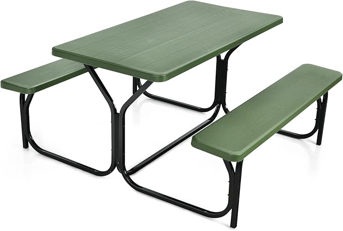 HAPPYGRILL Picnic Table Set Outdoor Patio Table Bench Set with Steel Frame & Plastic Table Top for Garden Lawn Backyard