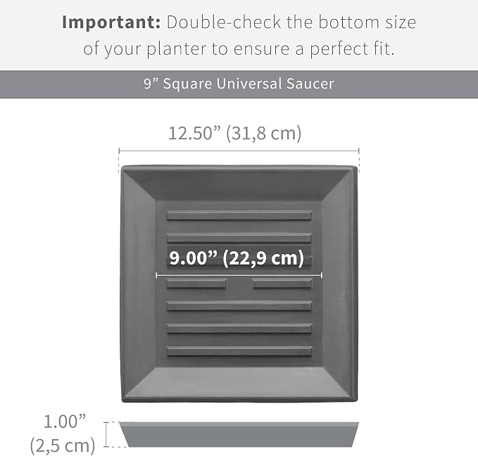 Crescent Garden Universal Square Plant Saucer, Weatherproof Durable Drip Tray for Square Planter, Heavy-Duty Plastic Drainage Dish, Indoor/Outdoor Flowerpot Saucer - 9'' Inner x 12.5" Outer (Slate)