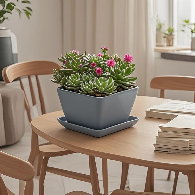 Square Plant Saucer 4 Inch 2 Pack，Plant Trays for Pots, Gray Ceramic Plant Saucers for Indoors Outdoors, Plant Drip Tray 4 6 8 10 12 14 Inch
