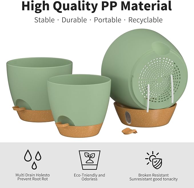 12/10/9 Inch Self Watering Pots for Indoor Outdoor Plants, Set of 3 Large Plastic Planters with Visual Water Window, Drainage Holes & Watering Lip, Modern Decorative Flower Pots (Green)