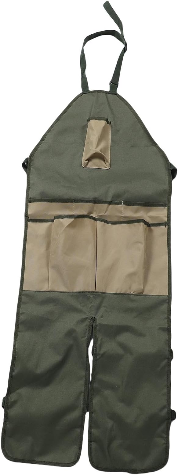 Apron for Long Gardening, Gardening Apron with Adjustable Leg Protector, Six Pockets 600D Oxford Cloth Water Proof for Garden Outdoor Work, Lawn Care, Pruning (Green with Khaki Pockets)