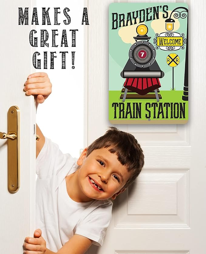 Personalized Train Station - Cute Railroad Crossing Decor, Baby Boy Room Accessories, Playroom Decoration and Custom Baby Shower Gift, 8x12 or 12x18 Use Indoors or Outdoors Durable Metal Sign