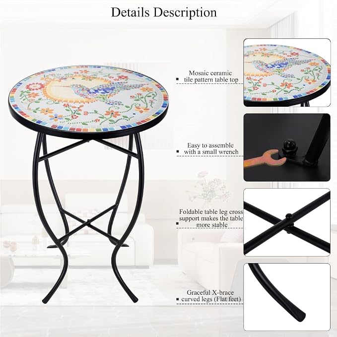 Mosaic Outdoor Side Table Small Round Patio Table Plant Stand | 21" Accent End Table with 14" Ceramic Tile Top for Small Spaces Porch Pool Garden Decor Indoor Living Room Bedroom Balcony