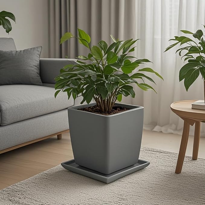 Square Ceramic Plant Saucer Tray 2 Pcs 8 9 10 Inch Grey, 9.3" OD x8.3 ID x1.3 Deep, Sturdy Heavy Duty Glazed Planter Drip Flower pots with Catch Basin for Indoor Outdoor Plants(10" Grey)