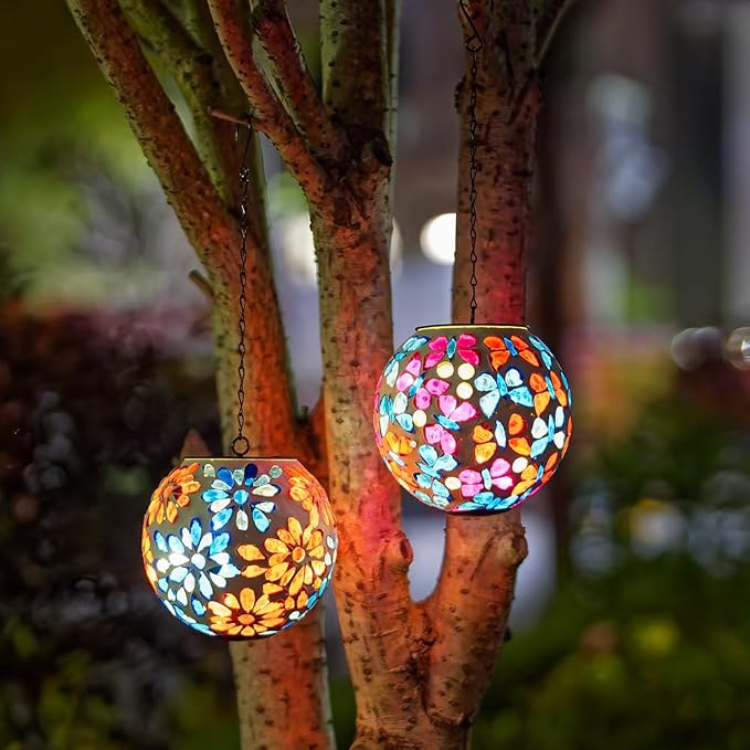 Solar Hanging Lanterns Glass Mosaic Gazing Ball Globe Blue Red Hanging Lantern Lights Outdoor Waterproof for Garden Yard Patio Home Decor (Flowers)