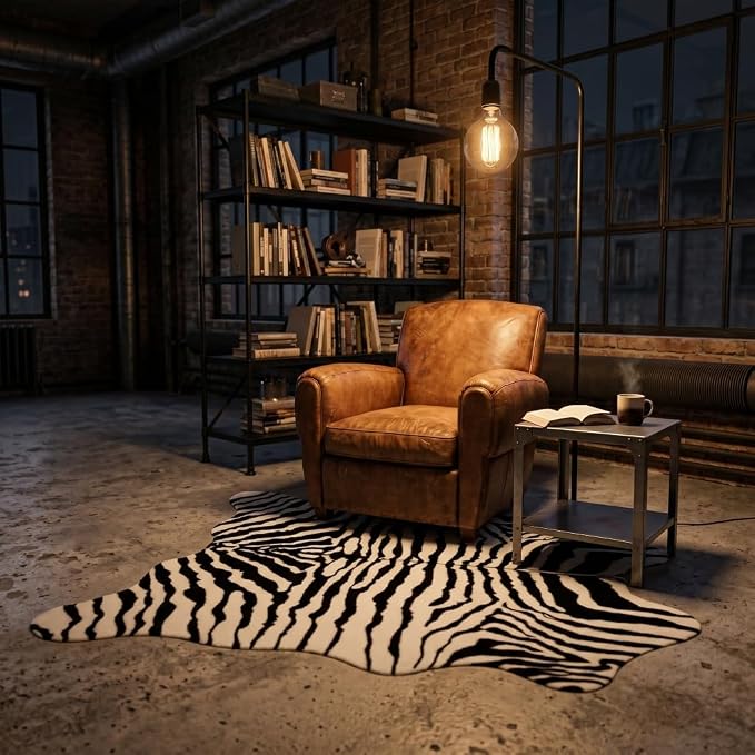 MustMat Faux Zebra Print Area Rug, Industrial Style Decor 4'7'' × 5'3'' | Black/White, Fits Bedrooms, Living Rooms & Reading Nooks. Suits Rustic, Minimalist Decor For Holiday & Birthday Use