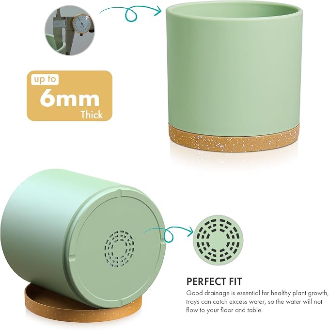 WSMKSZ 8 Inch Medium Flower Pots for Indoor Outdoor Plants, Cylinder Deep Plant Pots with Drainage Holes & Saucer, Decorative Plastic Planter Pots for Garden House Plants, Green with Brown