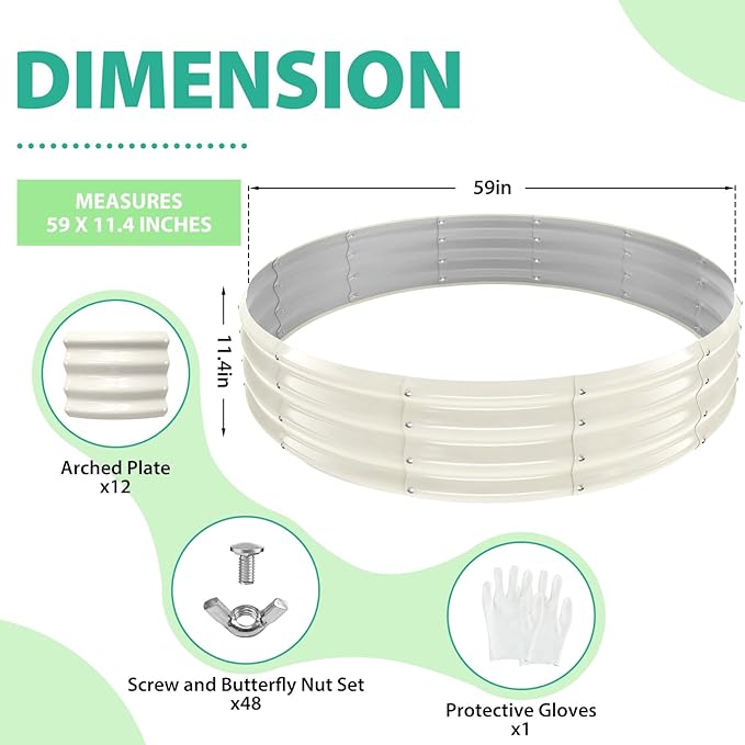 YSEJOMP 5FT Diameter Galvanized Garden Raised Bed/Plant Box/Fire Pit Ring - 0.8mm Thick,12 Inch Tall,Perfect for Planting a Variety of Flowers,Herbs,Vegetables (Cream White, 60 Dia X 12 inches)