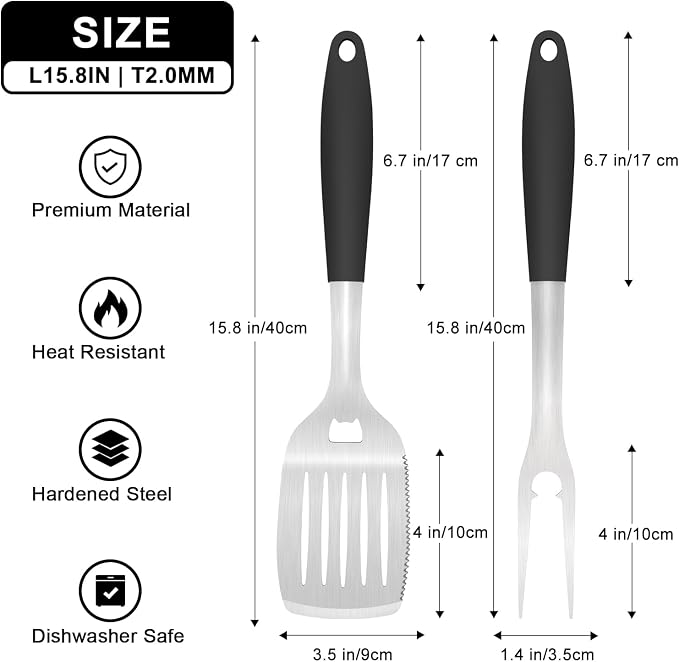 15.8" Heavy Duty Grill Set - Stainless Steel BBQ Tools with Spatula & Fork, Professional Grilling Gifts for Men, Outdoor Barbecue Tool Set
