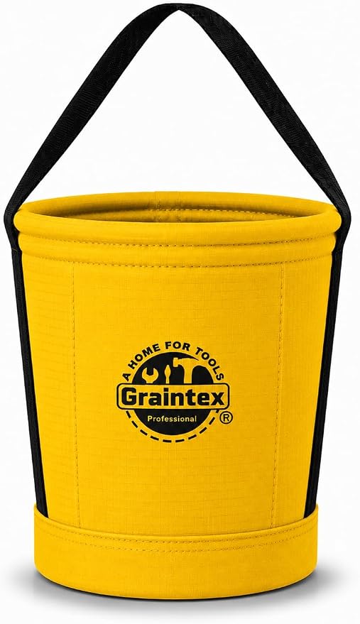 Graintex Tapered Canvas Bucket 12"x10"x15", Utility Tool Bucket 16 Inside Pockets, Reinforced Base & Carry Handle, Ripstop Canvas, Multi-Purpose Bag for Jobsite & Home Use for Tool Storage Solutions