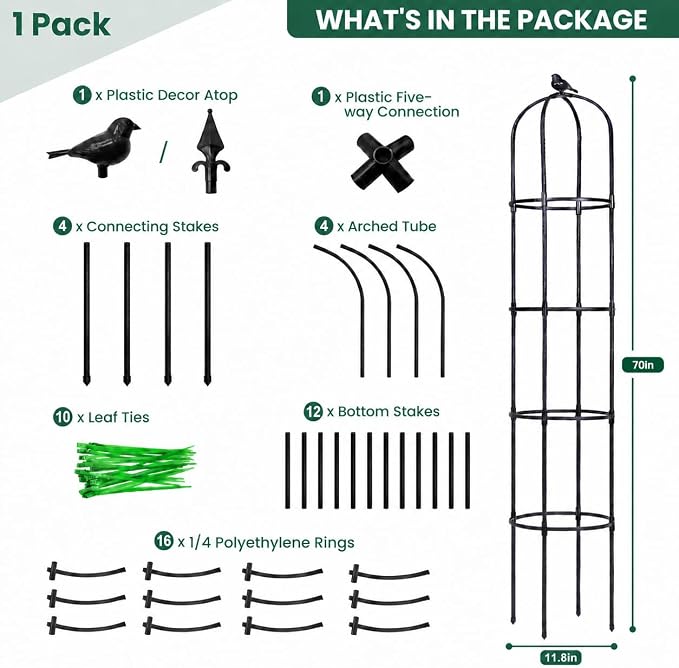 OTOSUNNY Garden Obelisk Trellis for Climbing Plants Outdoor, 6 ft Tall Trellis for Roses Clematis Jasmine Ivy Flower Light Climbing Vines Potted Plant Support, Patio, Yard, Black, 1PCS