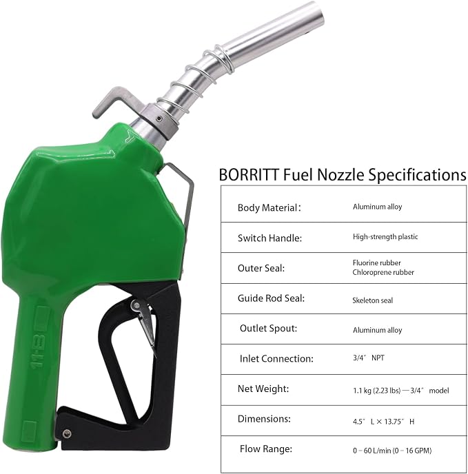 3/4" Inch NPT Auto Fuel Nozzle Automatic Shut Off Pressure Sensitive W/360° Hose Swivel Gas Fuel Transfer Pump Nozzle,13/16" Spout,Copper Valve, 16 gpm Flow Rate for Diesel,asoline,Green+Hook