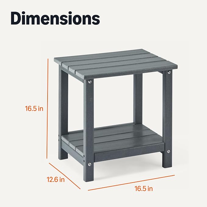 Amazon Basics Outdoor Patio Side Table with Lower Shelf, Weather-Resistant Stainless Steel Hardware, 16.5 x 12.6 x 16.5 Inches, Grey, 1-Pack