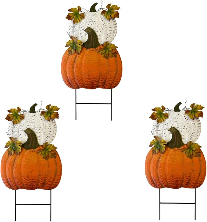 Set of 3 Metal Pumpkin Yard Stakes Fall Harvest Garden Lawn Yard Porch Outdoors Welcome Decorations, Autumn Halloween Thanksgiving Decorative Pumpkins Outdoor Décor
