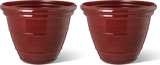 Glitzhome 15.5" D Large Flower Pots, Set of 2 Tall Planters for Outdoor Plants with Drainage Holes,Red Faux Ceramic Finish,Round Plastic Tall Flower Pots for Garden, Patio, Porch or Indoor Use
