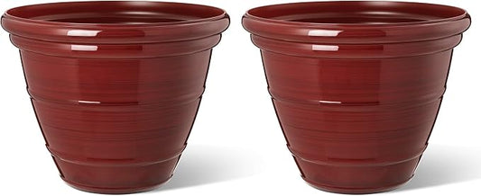 Glitzhome 15.5" D Large Flower Pots, Set of 2 Tall Planters for Outdoor Plants with Drainage Holes,Red Faux Ceramic Finish,Round Plastic Tall Flower Pots for Garden, Patio, Porch or Indoor Use