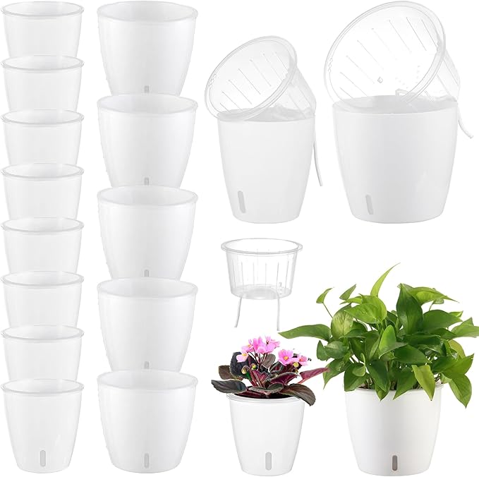 Self-Watering Pots for Indoor Plants, 16-Pack Self Watering Planter with Drainage Holes, Small African Violet Pots with Water Indicator, 10-Pack 5''/6-Pack 6.7'' Orchid Pot, White