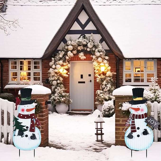 hogardeck Outdoor Christmas Decorations for Home, 2 Pcs Metal Snowman Decorative Garden Stakes with Joy for Christmas Decor, Yard Signs for Garden Home Lawn Patio
