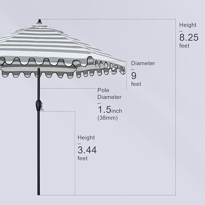 Tempera Striped Patio Umbrellas Outdoor Table Market Umbrellas with Crank & Pust Button Tilt|Auto-Tilt, 8 Steel Ribs, High Color-Fastness Canopy
