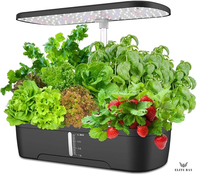 Hydroponic Growing System, 12 Pods, Black | Smart Garden with LED Display, Full-Spectrum Grow Light, 4L Water Tank, AU/US Plug, Soil-Free Planter Kit