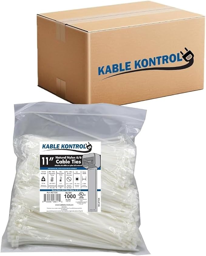 Kable Kontrol Cable Zip Ties Natural White 8,000 Pcs 11 Inch, 50 Lbs Tensile Strength, Bulk Pack, Self-locking Natural Nylon Clear Plastic Wire Ties wraps for Indoor or Outdoor Use