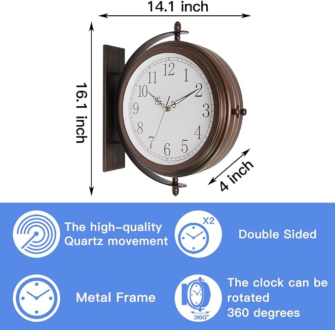 BESTIME 66264A 16-Inch Double Sided Metal Wall Clock with Antique Red Copper.Sturdy Frame,Easy Read,Garden,Home Décor,Indoor,Outdoor,Farmhouse,Yard,Station,Office,Photography Props.