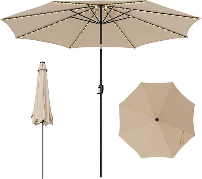 HAPPYGRILL 10 FT Solar Patio Umbrella with 112 LED Light, Outdoor Umbrella with Tilt Adjustment, Crank System, 8 Metal Ribs & Vented Top, Deck Table Market Umbrella for Garden Pool Deck Yard