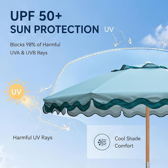 AMMSUN 7.8FT Outdoor Patio Umbrella, Boho Market Table Umbrella Wood Pole | Heavy-Duty Build Quality, UPF 50+ Sun Protection and Waterproof Canvas, Hand-Crafted Ash Wood Pole, Air Vent, a Carry Bag