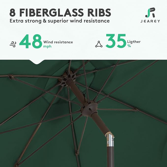 JEAREY 9FT Outdoor Patio Umbrella,Market Table Umbrella with 8 Fiberglass Ribs, Pool Umbrella with Tilt and Crank, UV Protection Lightweight & Wind-Resistant for Lawn, Garden, Deck and Backyard, Dark Green