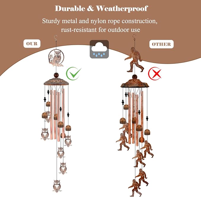 36 Inch Owl Wind Chimes for Outside - Rustic Copper Metal Silhouette Decor with 6 Handcrafted Pendants - Wisdom & Guardian Memorial Windchime - Unique Gift for Owl Lovers, Garden & Patio