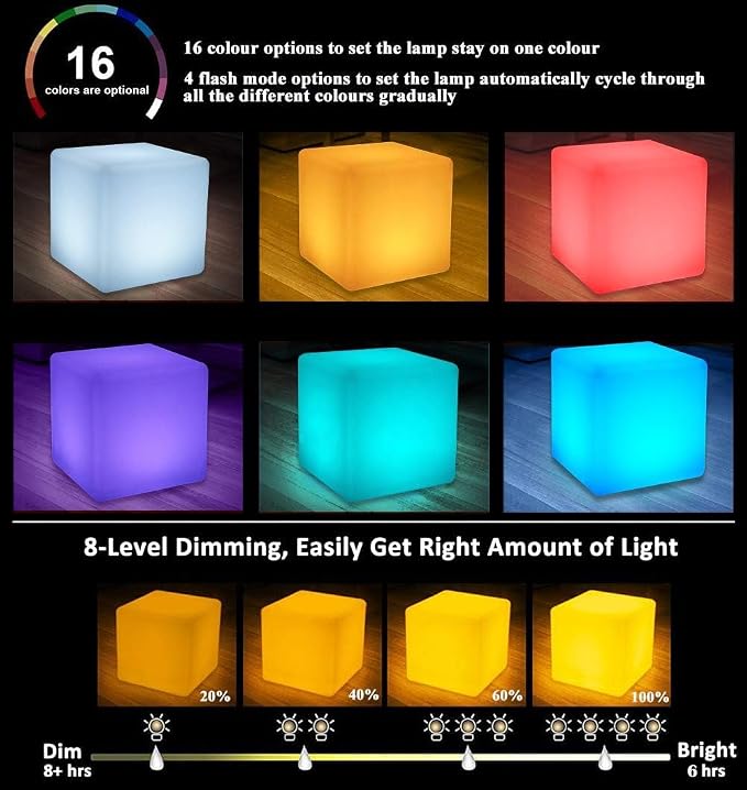 8-in Solar Cube Light Outdoor Waterproof, 16 Colors Illuminate Cube Floor Lamp, Dimmable Glowing LED Tesseract Cosmic w/Ground Stake & Remote Dynamic Effect for Garden Yard Patio Mood Ambient Lighting