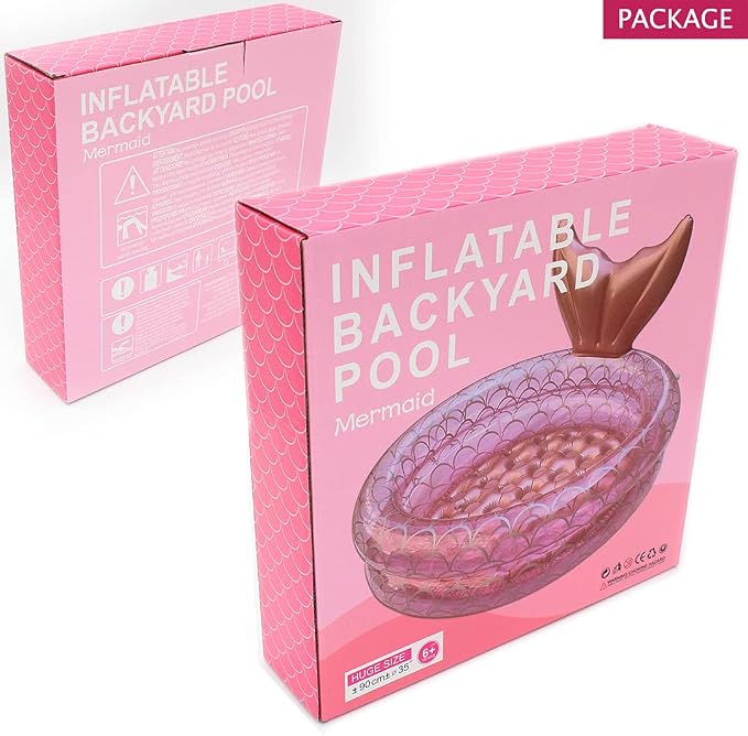 Inflatable Backyard Kiddie Mermaid Pools, Garden Round Swimming Pool for Kids, Kiddie Paddling Pool Indoor&Outdoor Baby Ball Pit Pool (35 inch)
