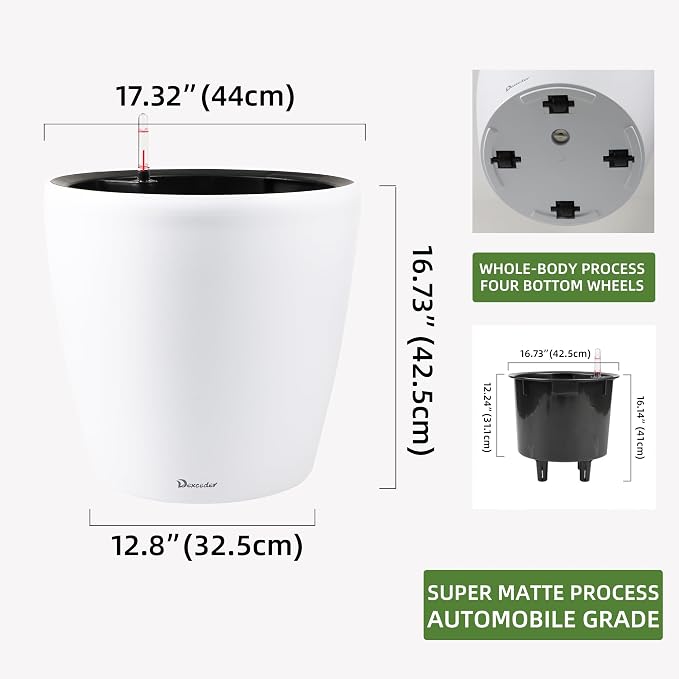Dexceder 18x17 Self Watering Planter with Wheels (White Matte) | Inner Pot Design, Thickened Large Floor Standing Flower Plant Pot with Water Level Indicator Indoor Outdoor