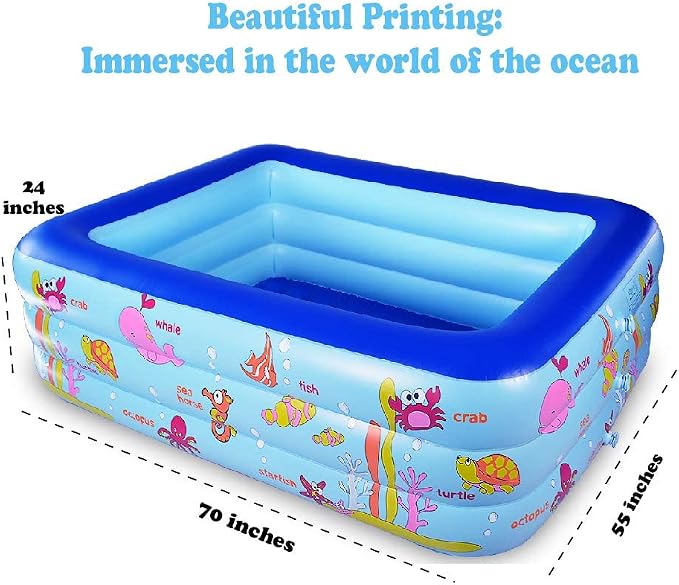 Inflatable Swimming Pool with Inflatable Soft Floor, 70" x 55" x 24" Blow Up Pool for Kids and Adults, Ocean World Kiddie Pool for Backyard, Garden, Outdoor, Party