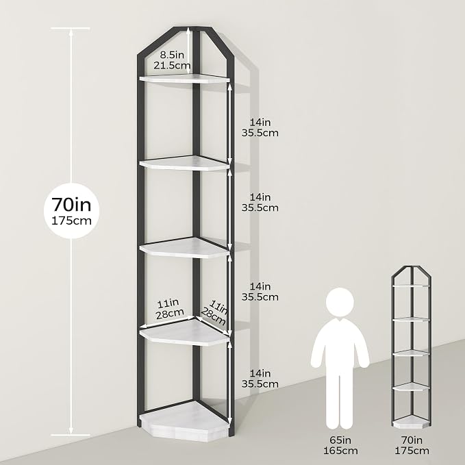 Fun Memories 5 Tier Corner Shelf, 70” Corner Shelf Stand, Corner Bookshelf Plant Stand, Storage Shelf for Bathroom, Living Room, Kitchen,Home Office, White