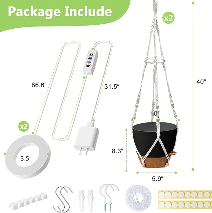 Hanging Planters for Indoor Plants: 2 Pack Macrame Plant Hangers with Grow Lights and Self-Watering Pots, Large Hanging Pots with Drainage Holes & Removable Tray（10in Black Pot, Daylight Spectrum）
