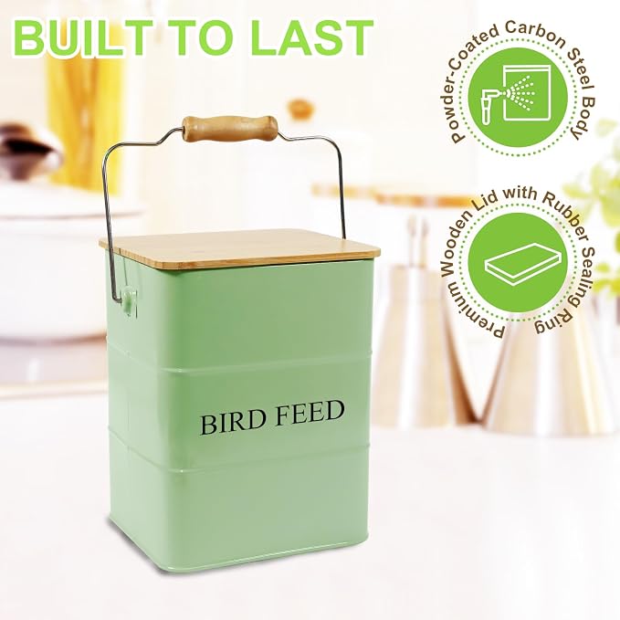 Metal Bird Seeds storage container,Outdoor Bird Container Canister, Pet Food Bin with Wooden Lid/Handle/Food scoop,hold 5-6 Lbs of Wild Bird Seed Sunflower Seed-Preventing Squirrels-Green