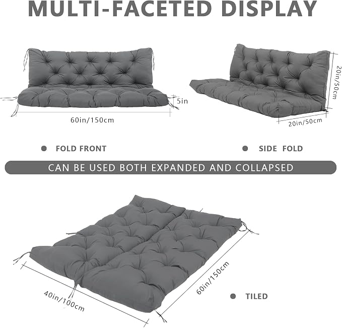 60 Inch Outdoor Swing Cushions Waterproof Extra 5" Thick 3 Seater Porch Swing Replacement Cushions with Backrest and Ties Fade-Resistant for Outdoor Patio Long Bench Furniture(Dark Gray)